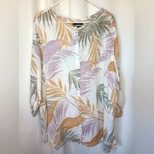 Tahari 2X Linen Tunic Top Button Tropical Leaves Roll Tab Sleeve Beach Resort